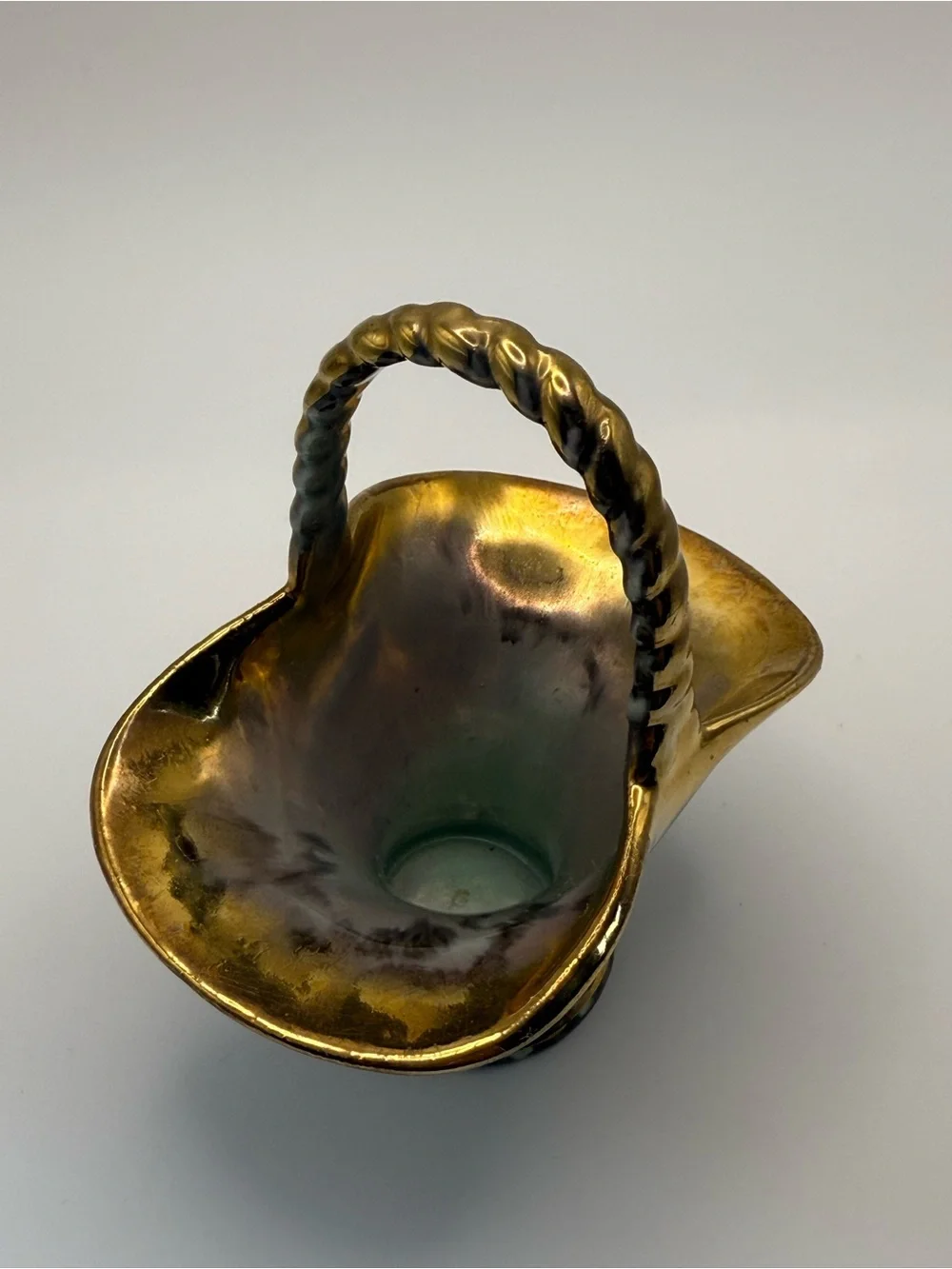 Vintage Fohr Keramik Ceramic Basket Vase in Gold and Turquoise made in Germany